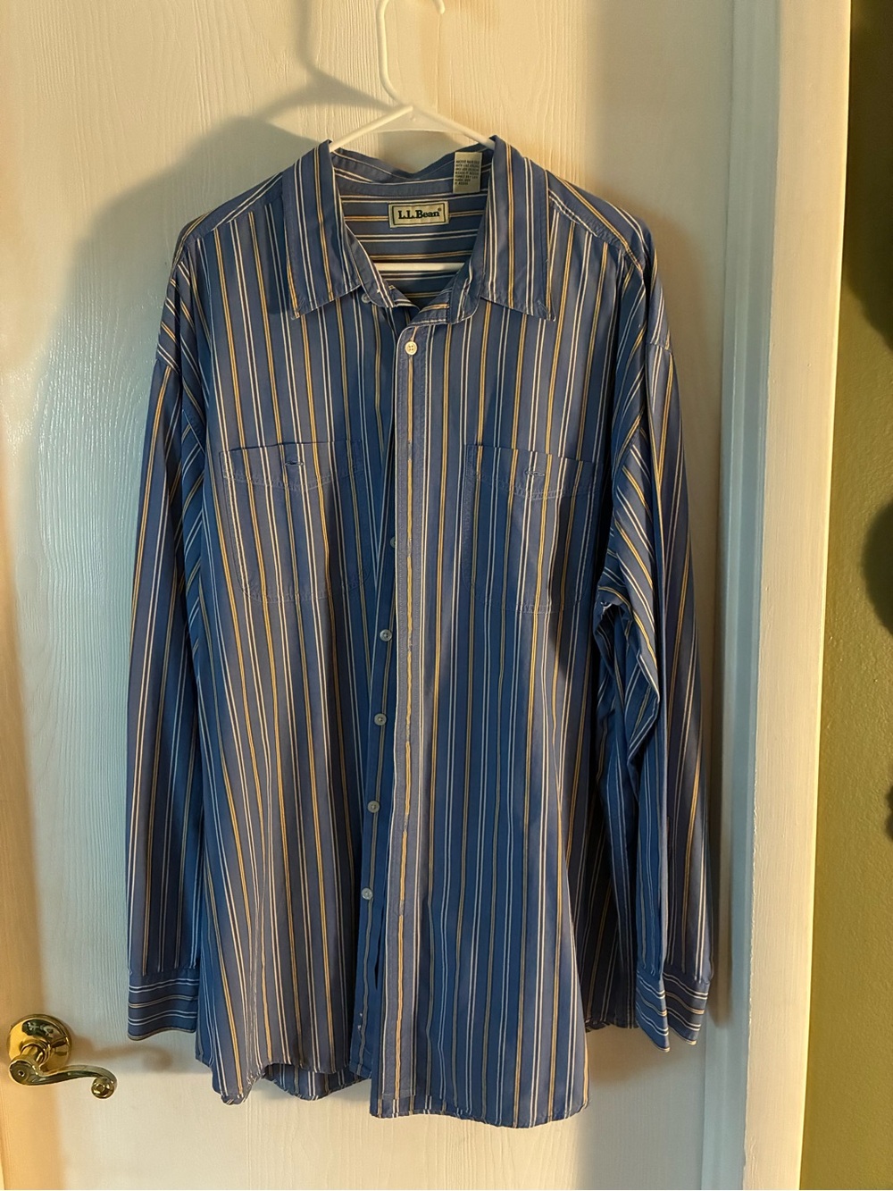 L.L. Bean Men's Blue Striped Button-Down Shirt with White and Tan Stripes